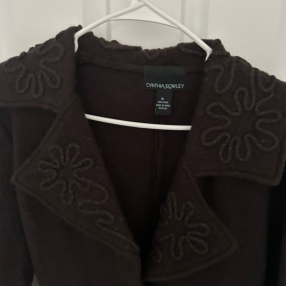 NWOT Cynthia Rowley Dark Brown Trench Coat with Floral Design Belted Wool XL NEW - Picture 2 of 11